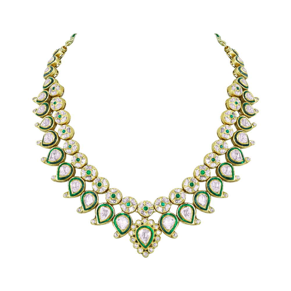 Green Enamel Polki Necklace with Bud Design